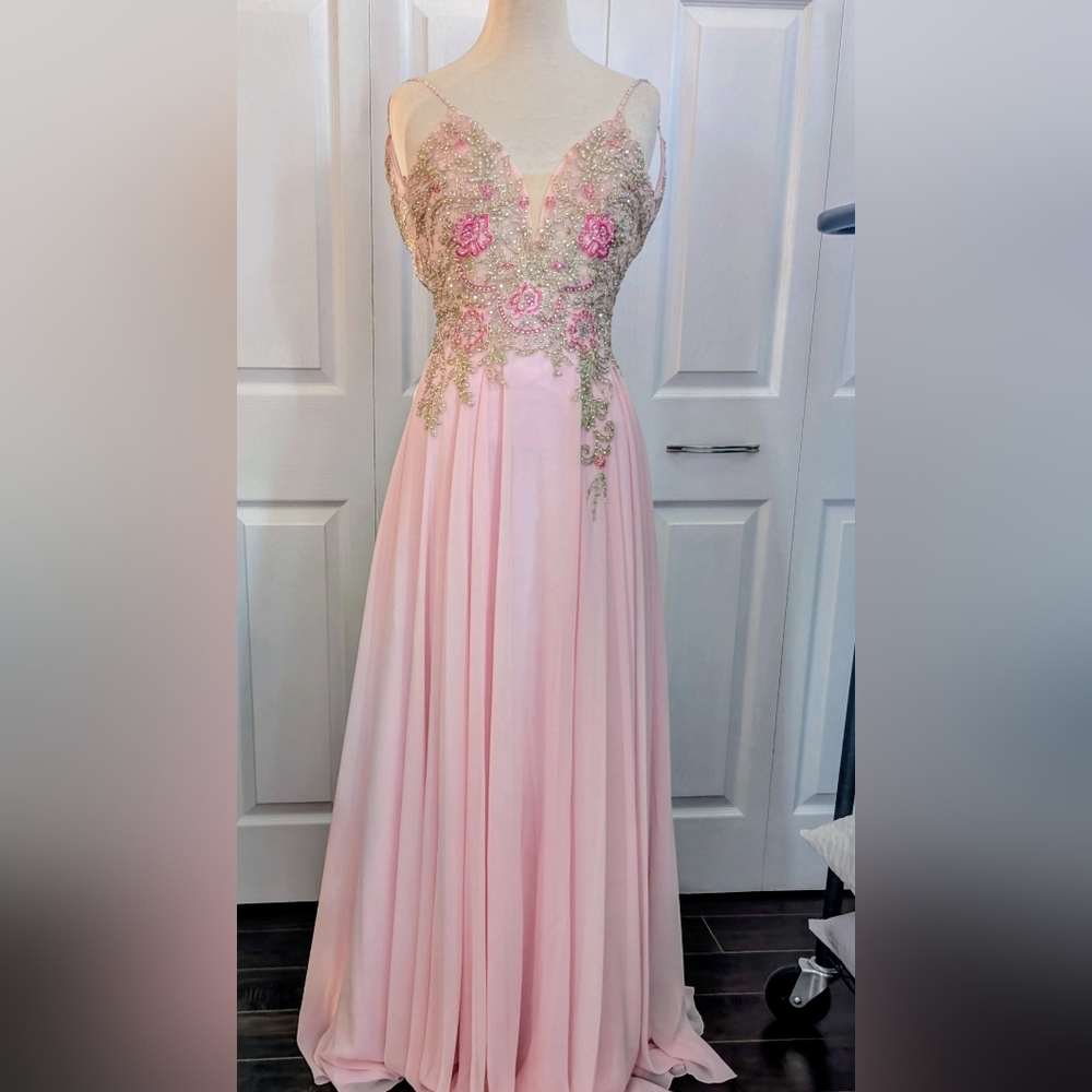 Jovani Elegant Pink Chiffon Dress - Picture 2 of 16